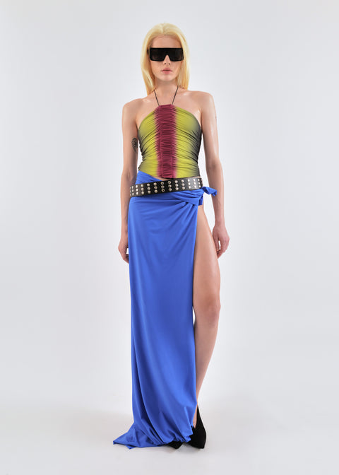 Gathered top in lime/wine