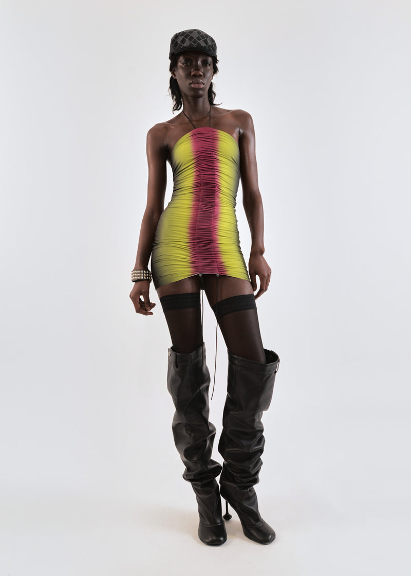 Gathered mini dress in lime/wine