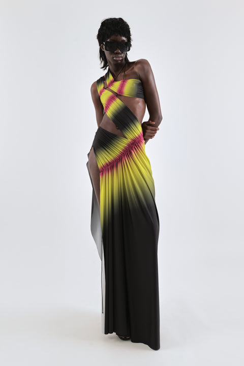 Wrap-around dress in lime/wine