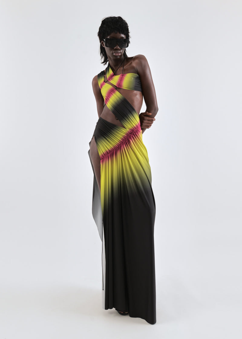 Wrap-around dress in lime/wine