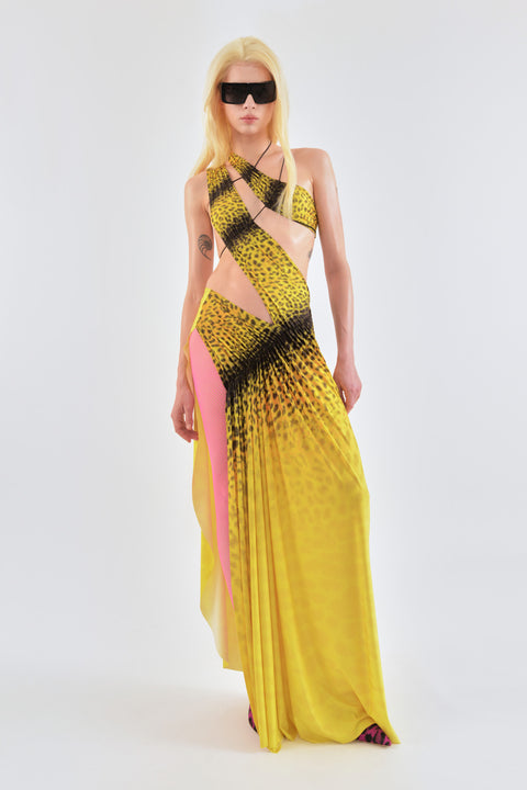 Wrap-around dress in yellow leopard