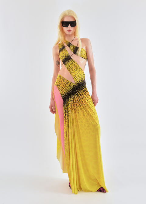 Wrap-around dress in yellow leopard