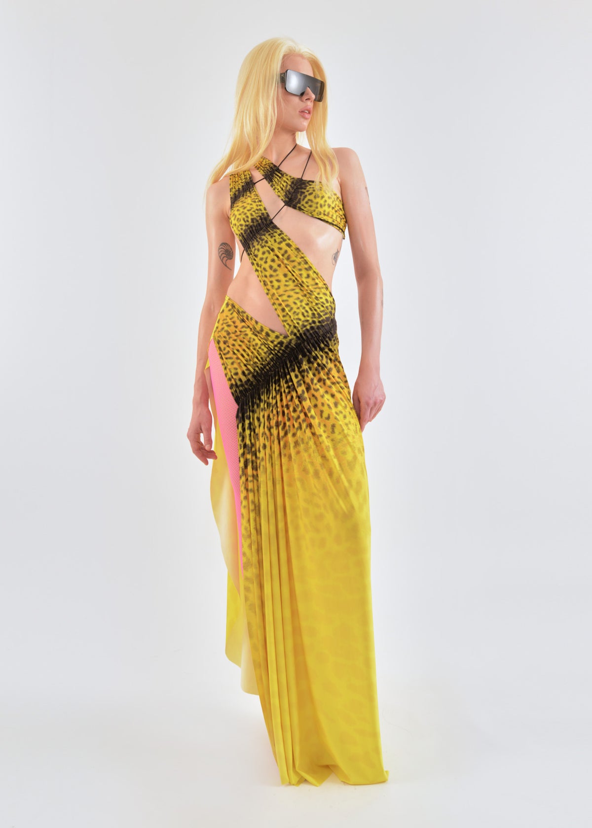 Wrap-around dress in yellow leopard