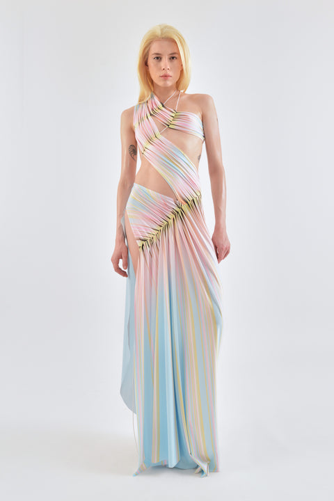 Wrap-around dress in stripes print