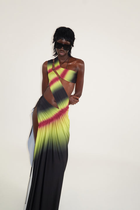 Wrap-around dress in lime/wine