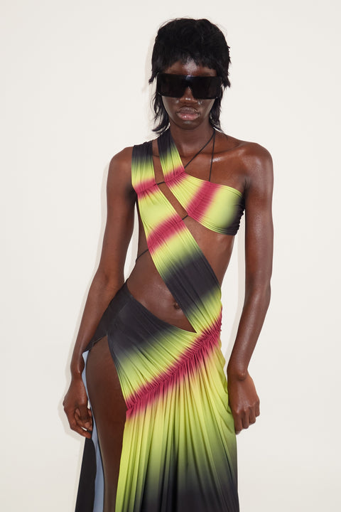 Wrap-around dress in lime/wine