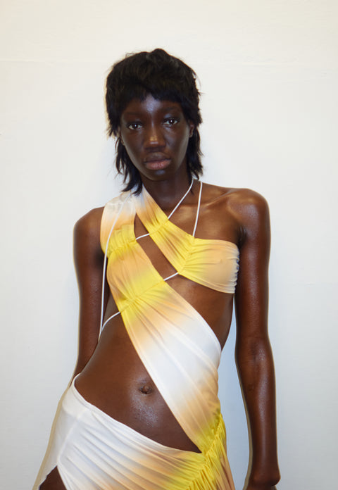 Wrap-around dress in cream/yellow