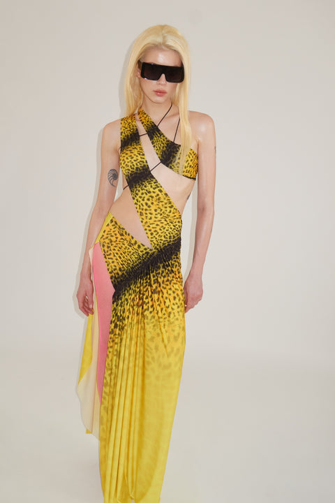 Wrap-around dress in yellow leopard