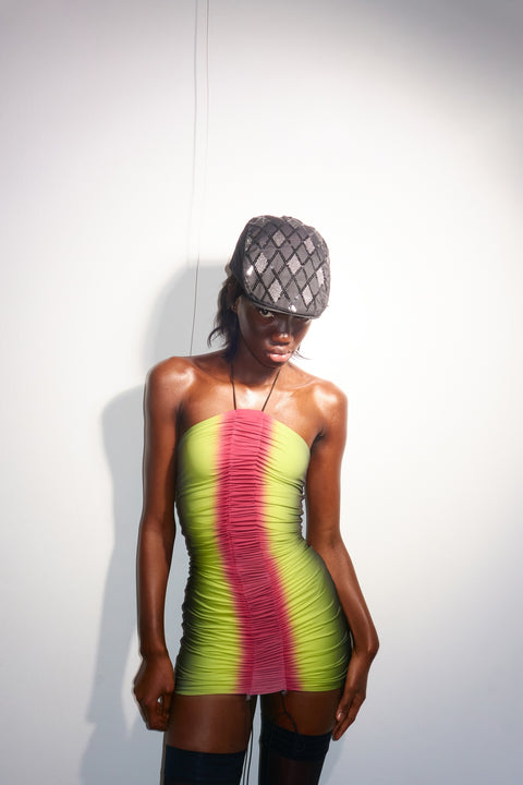 Gathered mini dress in lime/wine