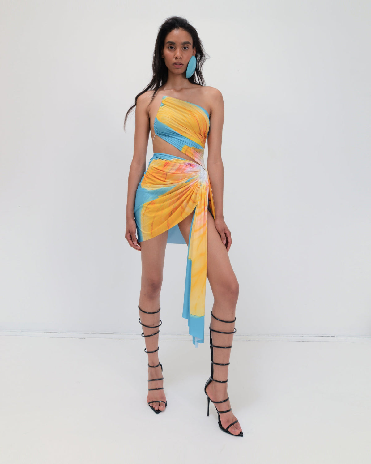 Signature mini floral dress in sky blue/tangerine