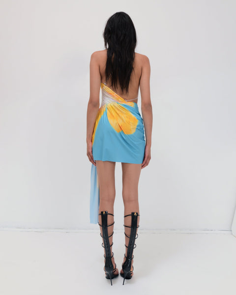 Signature mini floral dress in sky blue/tangerine Fal-ash Signature mini floral dress in sky blue/tangerine Fal-ash