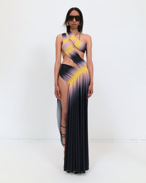 Wrap-around dress in black/yellow