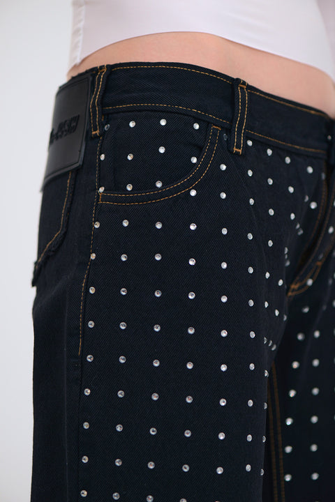 Low rise rhinestone jeans in black