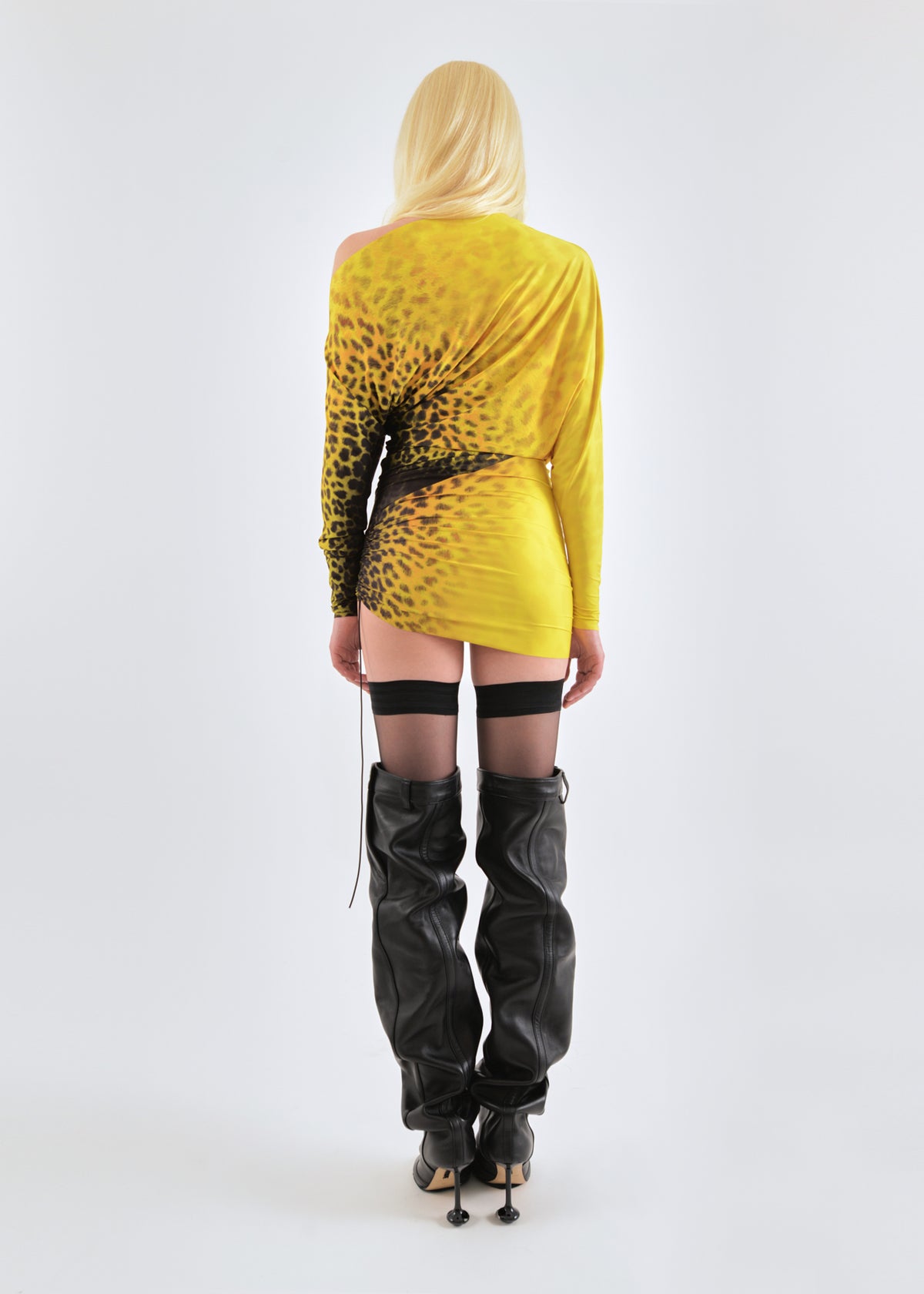 Draped shell mini dress in yellow leopard