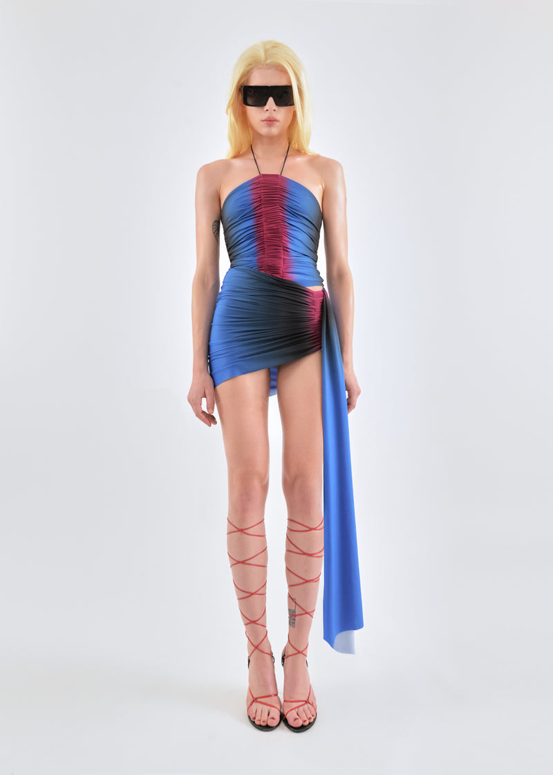 Gathered top in cobalt/wine