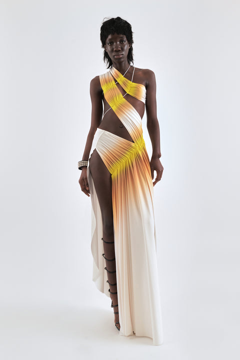 Wrap-around dress in cream/yellow