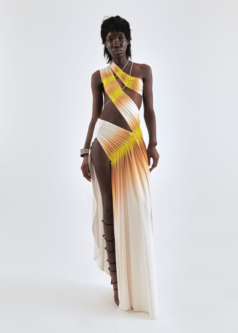 Wrap-around dress in cream/yellow
