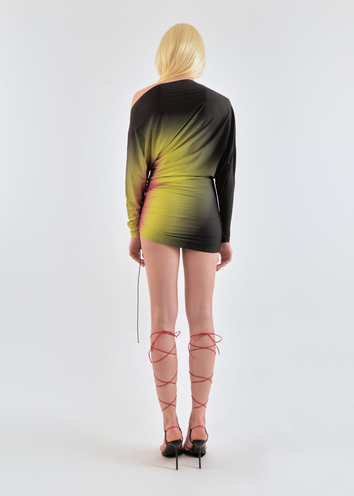 Draped mini dress in lime/wine