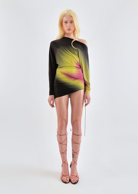 Draped mini dress in lime/wine