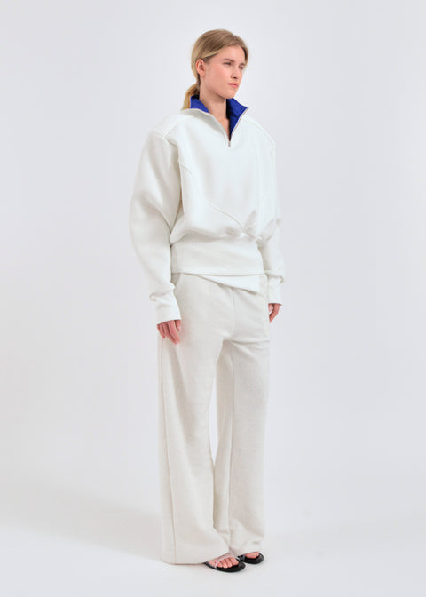 Wide shoulder zip-up jumper in beige