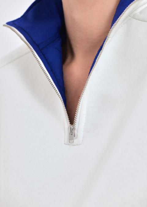 Wide shoulder zip-up jumper in beige