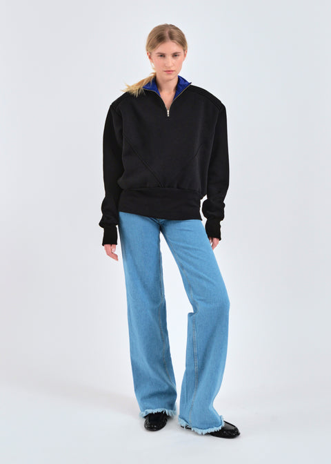 Wide shoulder zip-up jumper in black