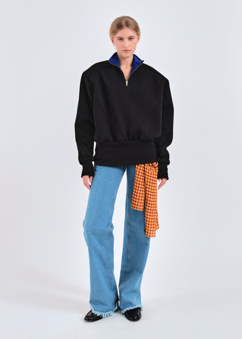 Wide shoulder zip-up jumper in black