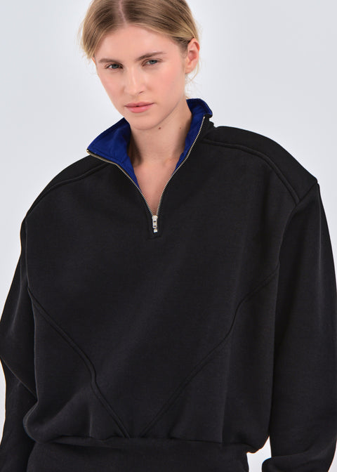 Wide shoulder zip-up jumper in black