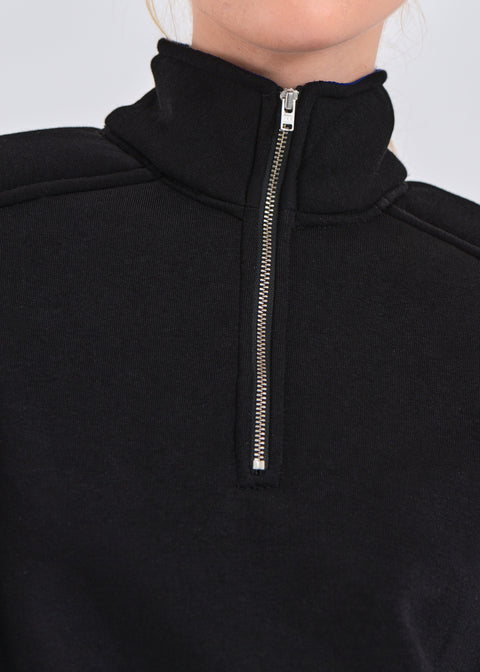 Wide shoulder zip-up jumper in black