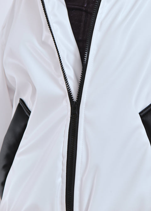 Faux leather bomber jacket in white and black