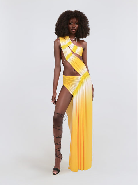 Wrap-around dress in yellow/white