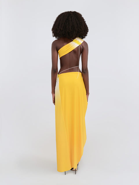 Wrap-around dress in yellow/white