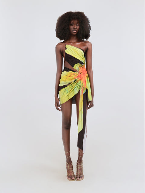 Signature mini floral dress in black/lime