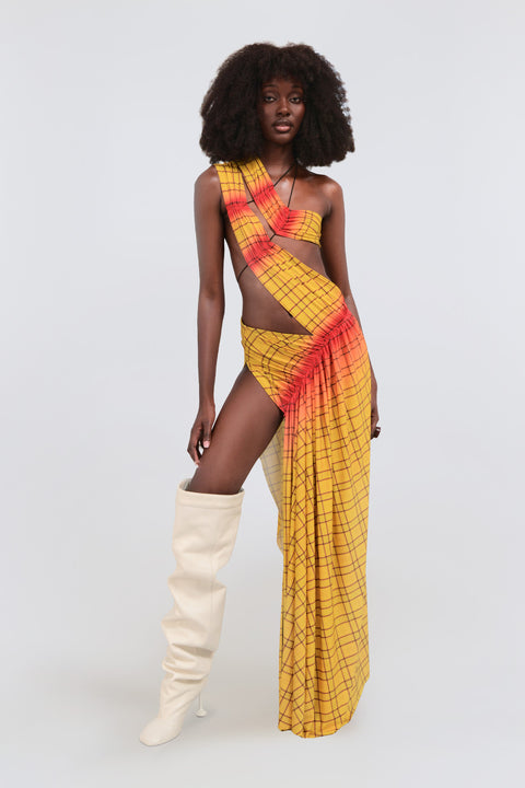 Wrap-around dress in yellow tartan