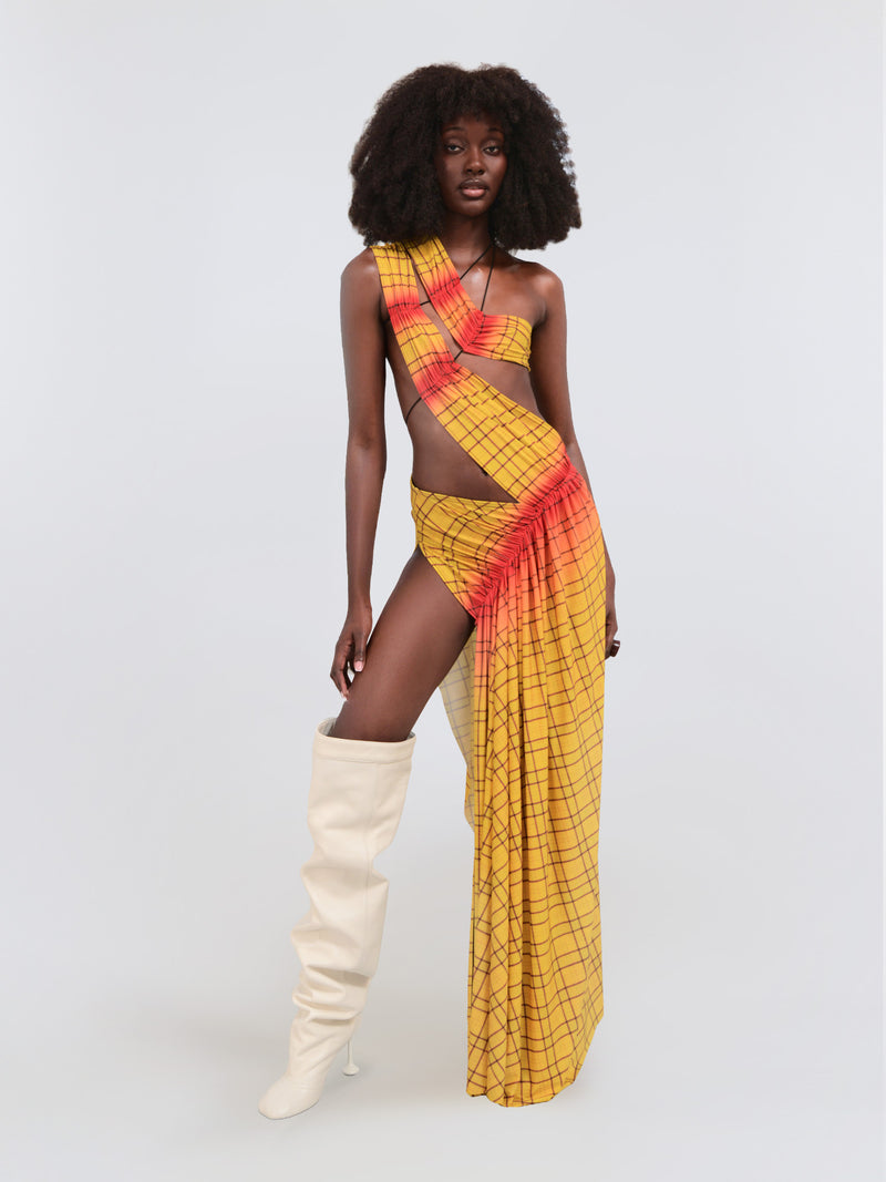 Wrap-around dress in yellow tartan