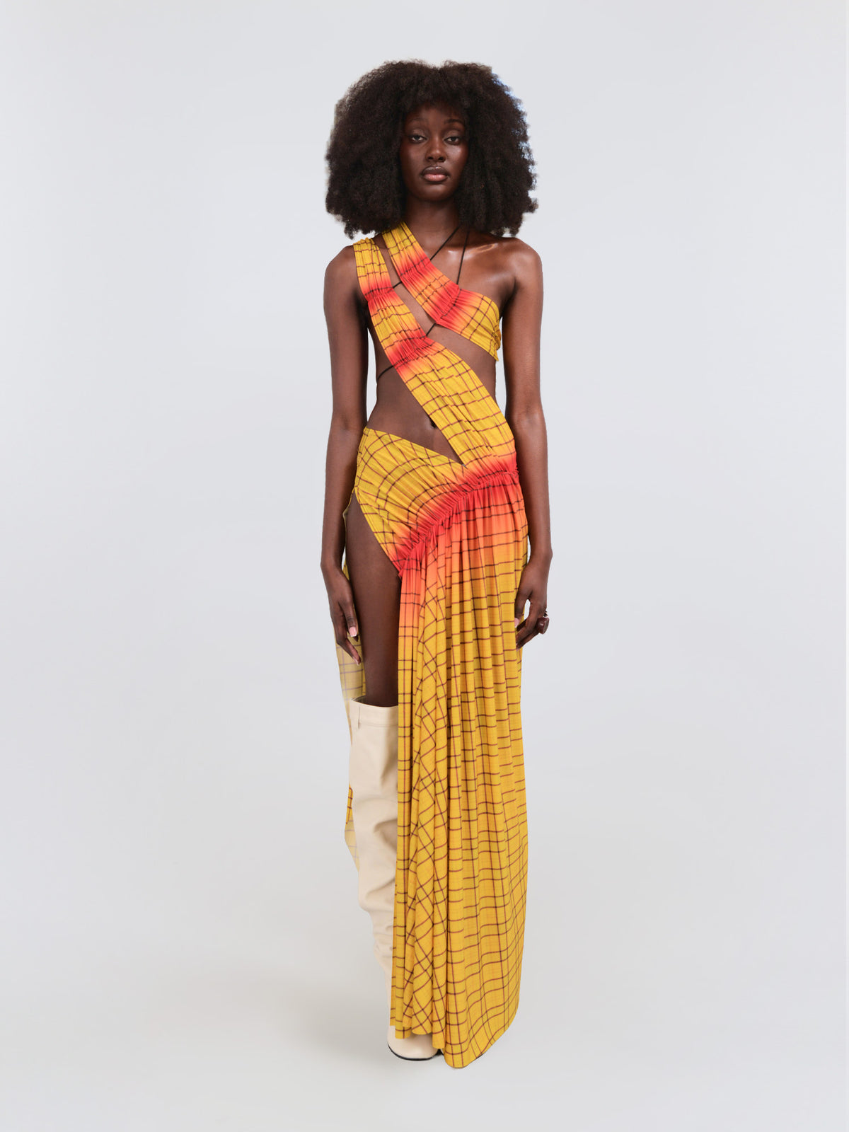Wrap-around dress in yellow tartan