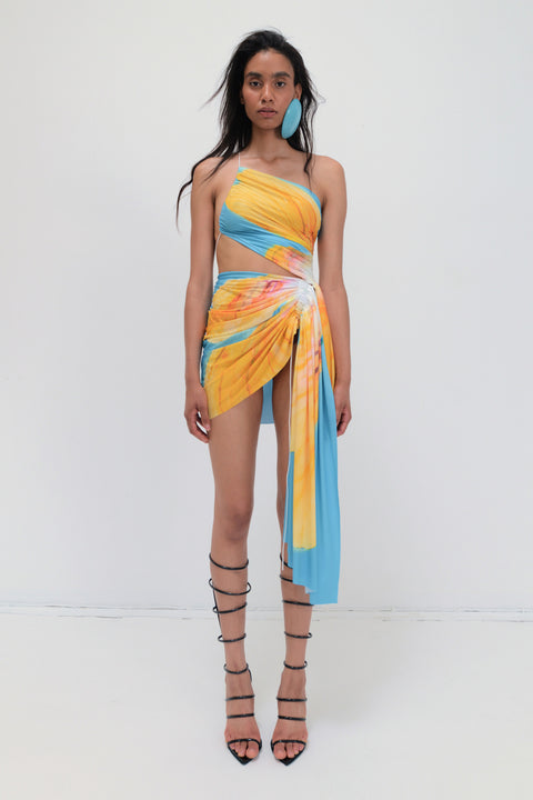 Signature mini floral dress in sky blue/tangerine