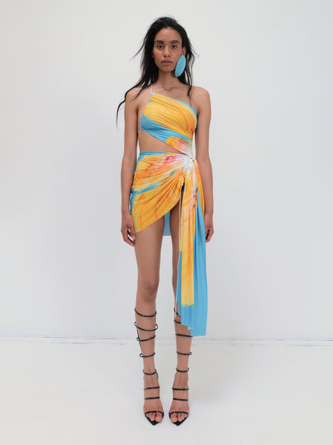 Signature mini floral dress in sky blue/tangerine