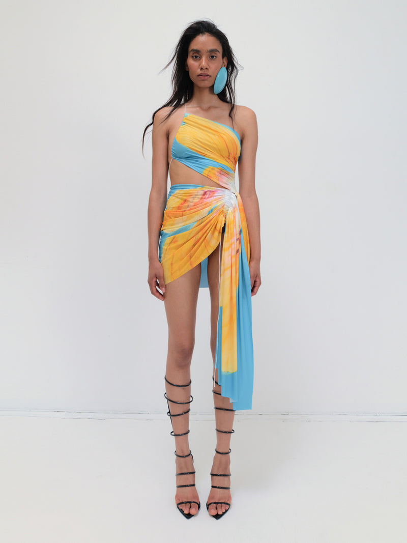Signature mini floral dress in sky blue/tangerine