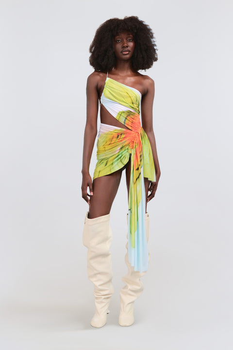 Signature mini floral dress in powder blue/lime