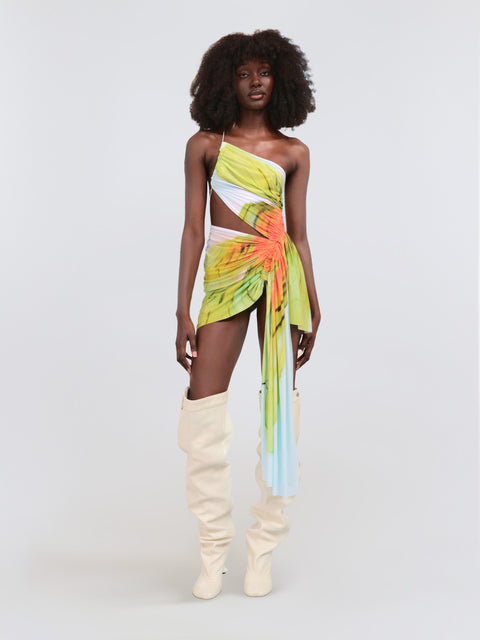 Signature mini floral dress in powder blue/lime