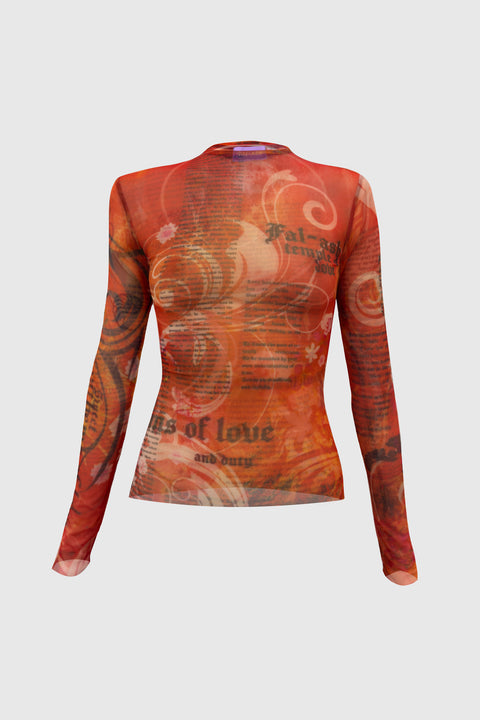 Printed mesh longsleeve in red - Fal-ash