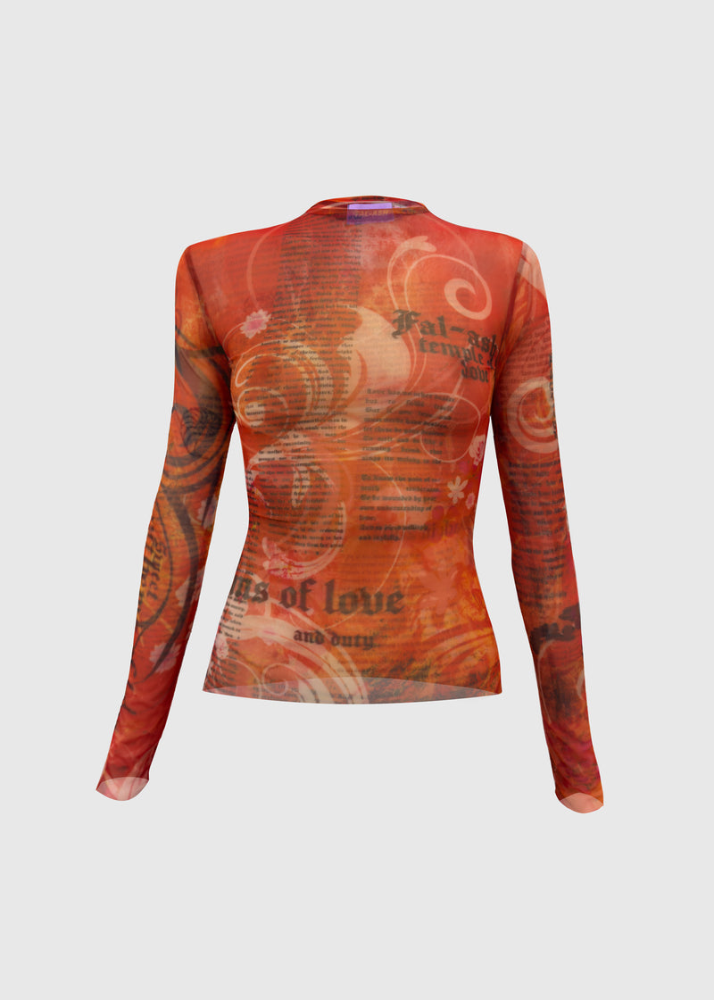 Czerwony longsleeve z siateczki z nadrukiem