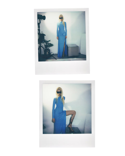 Draped asymmetric maxi dress in turquoise